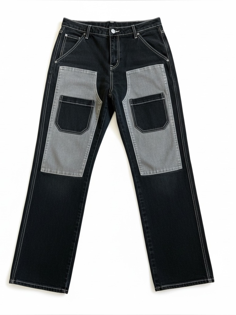 Hot Topic Cargo Utility Jeans Straight High Rise Black Gray Patchwork Y2K Sz 28